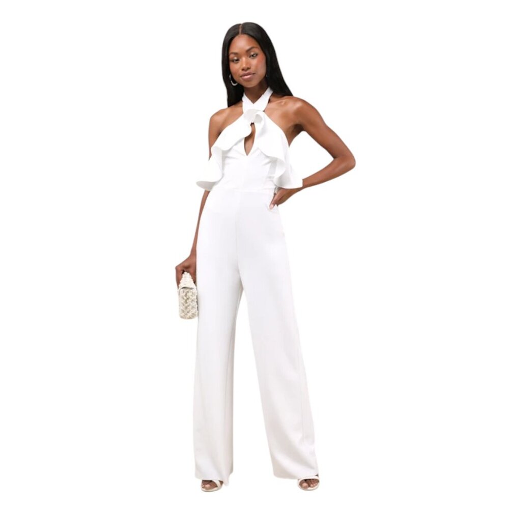 Lulus Ruffle Halter White Jumpsuit NWT Size Medium White Wide Leg Jumpsuit